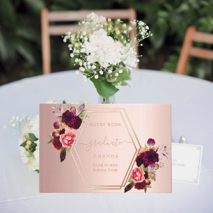 Rose gold geometric burgundy florals Graduation Guest Book