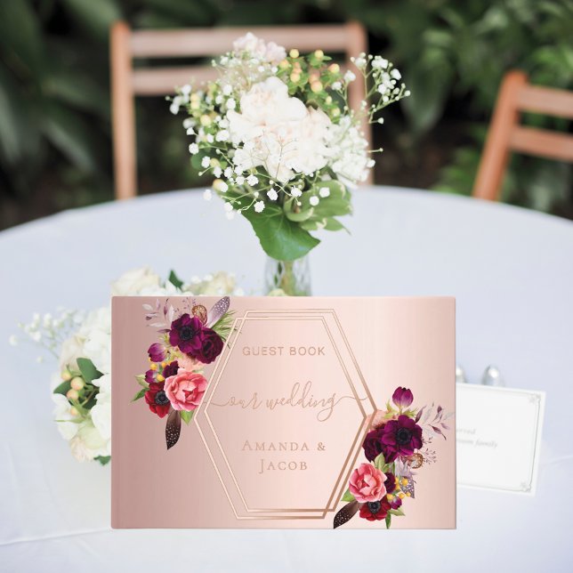 Rose gold geometric burgundy pink florals wedding  guest book (Creator Uploaded)