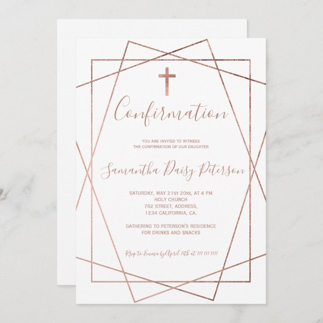 Rose gold geometric chic white script confirmation invitation (Front/Back)