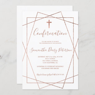 Rose gold geometric chic white script confirmation invitation