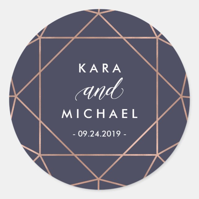Rose Gold Geometric Diamond | Midnight Blue Classic Round Sticker (Front)