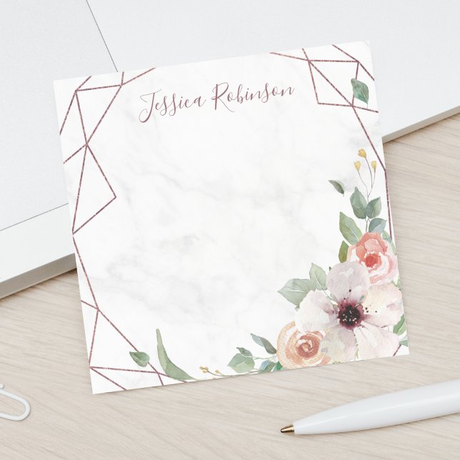 Rose Gold Geometric Floral Bohemian Personalised Post-it Notes (These post-it notes have a beautiful rose gold geometric floral design and your name on them.)