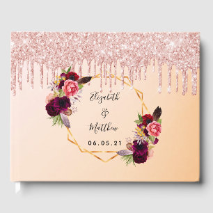 Rose gold geometric florals glitter drips wedding guest book