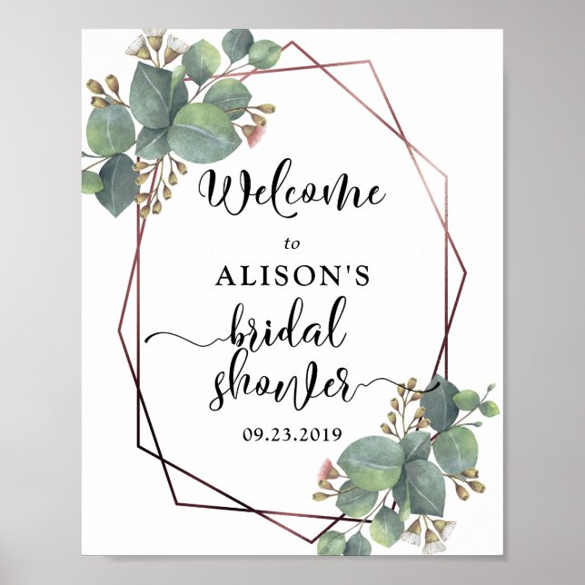 Rose gold geometric frame eucalyptus bridal shower poster (Front)