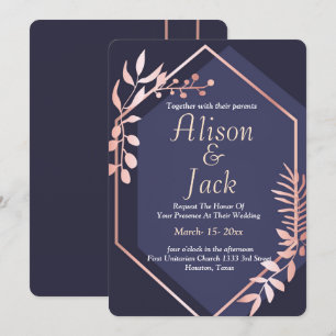 Rose gold geometric frame  navy blue wedding invitation