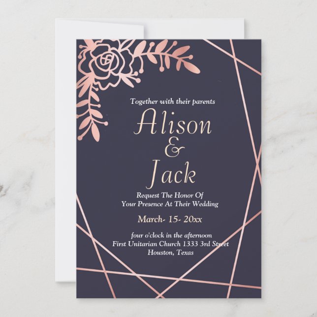 Rose gold geometric frame  navy blue wedding invitation (Front)