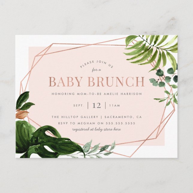 Rose Gold Geometric Greenery Baby Brunch Invitation Postcard (Front)