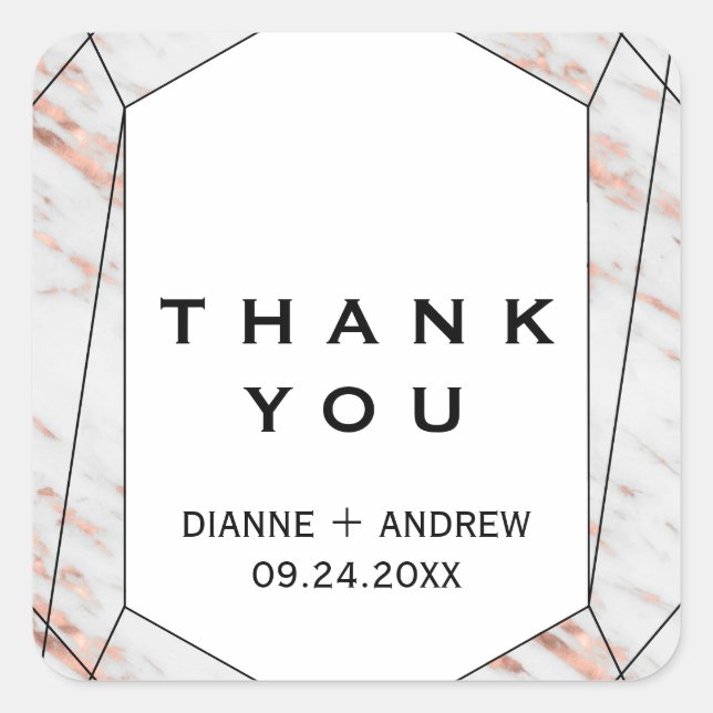 Rose Gold Geometric Marble Thank You Wedding Favou Square Sticker (Front)