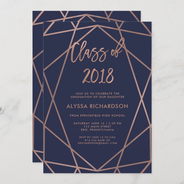Rose Gold Geometric on Navy Blue Graduation Party Invitation (Front/Back)