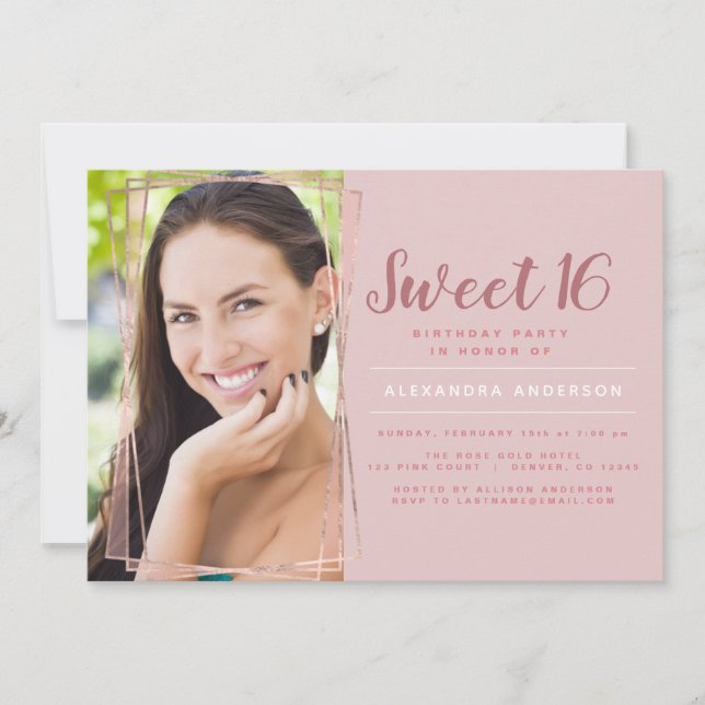 Rose Gold Geometric Photo Sweet 16 Birthday Invitation (Front)