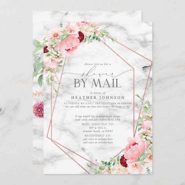 Rose Gold Geometric Pink Floral Bridal Shower Mail Invitation (Front/Back)