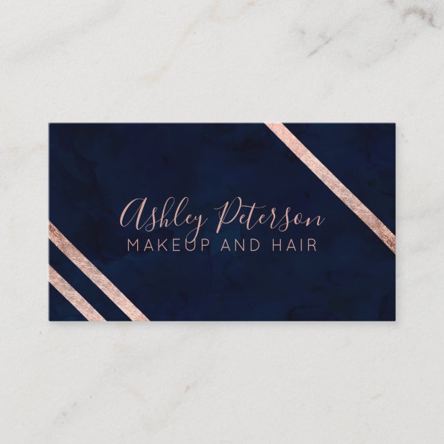Rose gold geometric stripes navy makeup typography business card (Front)
