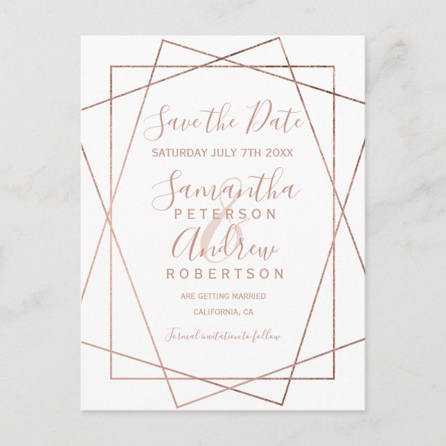 Rose gold geometric white script save the date announcement postcard (Front)