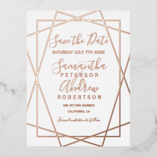 Rose gold geometric white script save the date foil invitation postcard