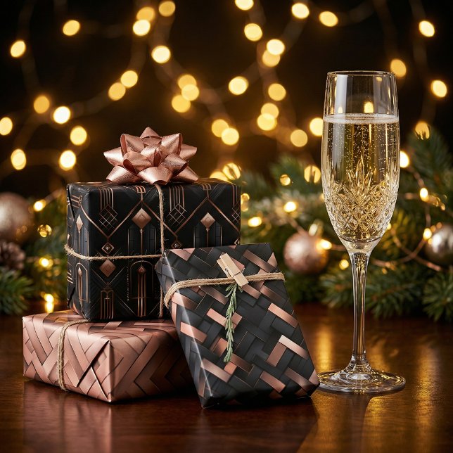 Rose Gold Geometrics on Matte Black Design Wrapping Paper Sheet (Creator Uploaded)