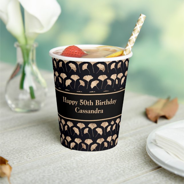 Rose gold ginko leaves 50th birthday personalised paper cups (Insitu)