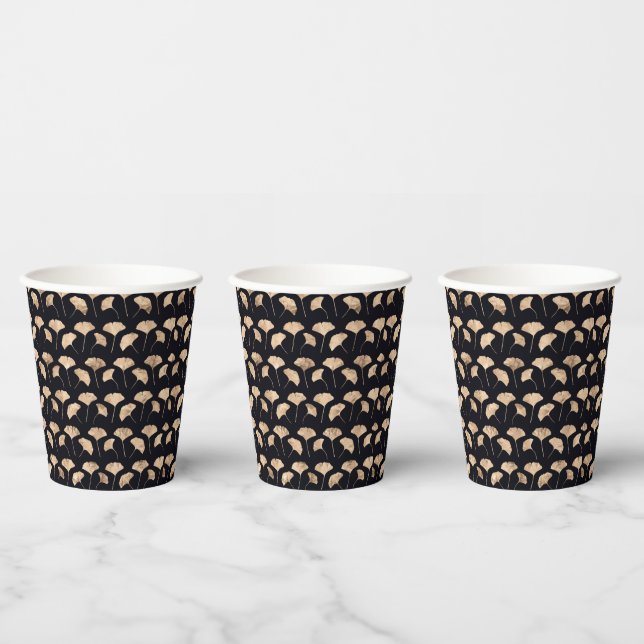 Rose gold ginko leaves black background paper cups (Multi)