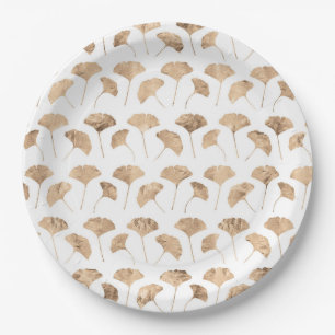 Rose gold ginko leaves white background paper plate
