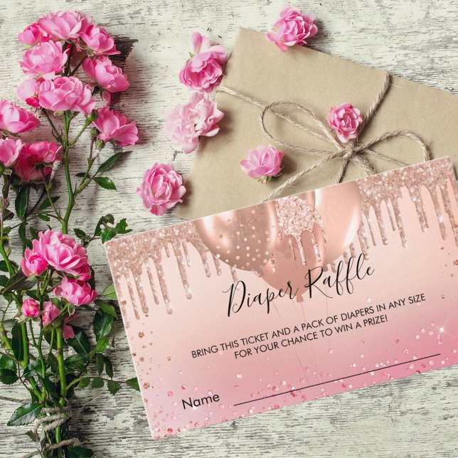 Rose gold girl balloons diaper raffle ticket enclosure card (Creator Uploaded)