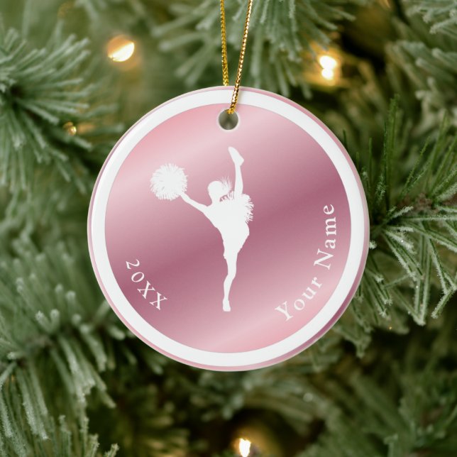 Rose Gold Girls Cheerleading Theme Name Year Pink Ceramic Ornament (Tree)