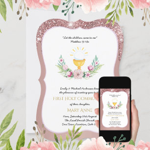 Rose Gold Girls Floral First Holy Communion Invita Invitation
