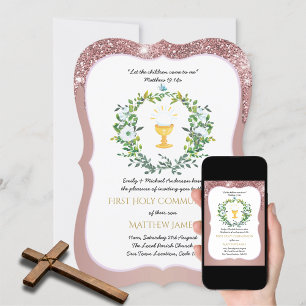 Rose Gold Girls Floral First Holy Communion Invitation