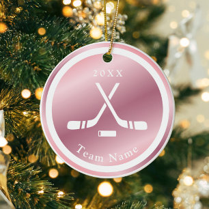 Rose Gold Girls Ice Hockey Theme Name & Year Pink  Ceramic Ornament