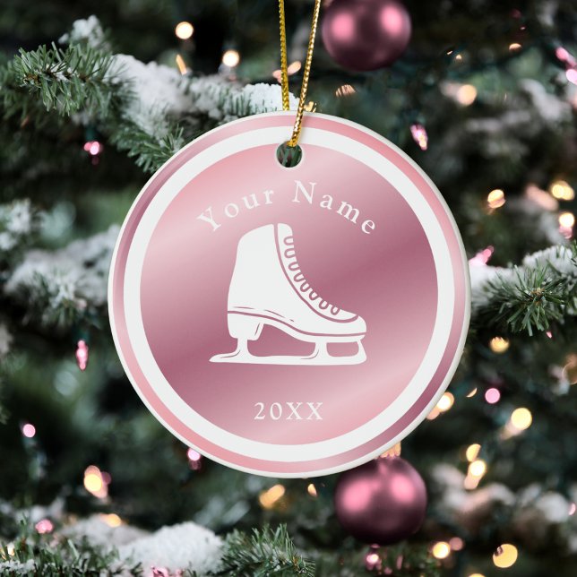 Rose Gold Girls Ice Skating Theme Name & Year Pink Ceramic Ornament (Creator Uploaded)
