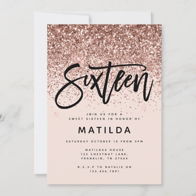 Rose gold girly glitter modern sweet 16 birthday (Front)