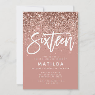 Rose gold girly glitter modern sweet 16 birthday announcement