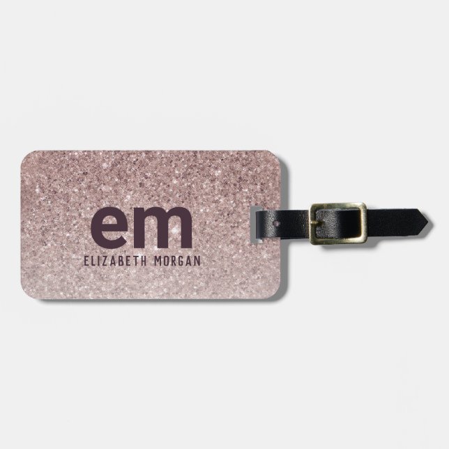 Rose Gold Girly Glitter Monogram Name Luggage Tag (Front Horizontal)