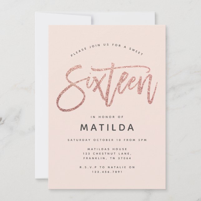 Rose gold girly glitter photo sweet 16 birthday (Front)