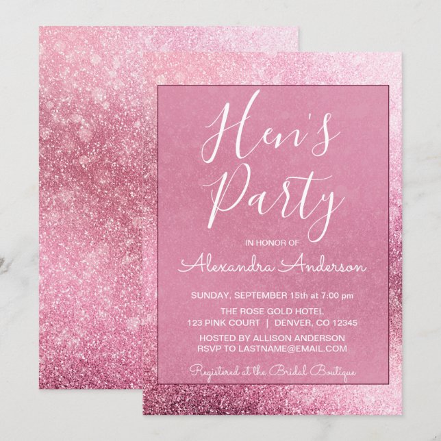 Rose Gold Girly Glitter Sparkle Hen's Party Invitation (Front/Back)