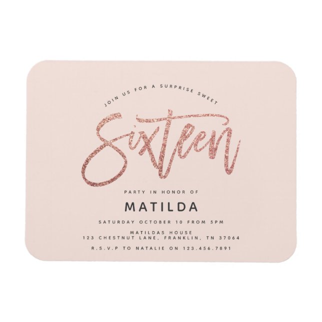 Rose gold girly glitter surprise sweet 16 birthday magnet (Horizontal)