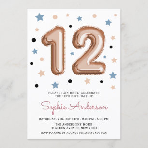 Rose Gold Girly Modern Balloon 12th Birthday Party Invitation