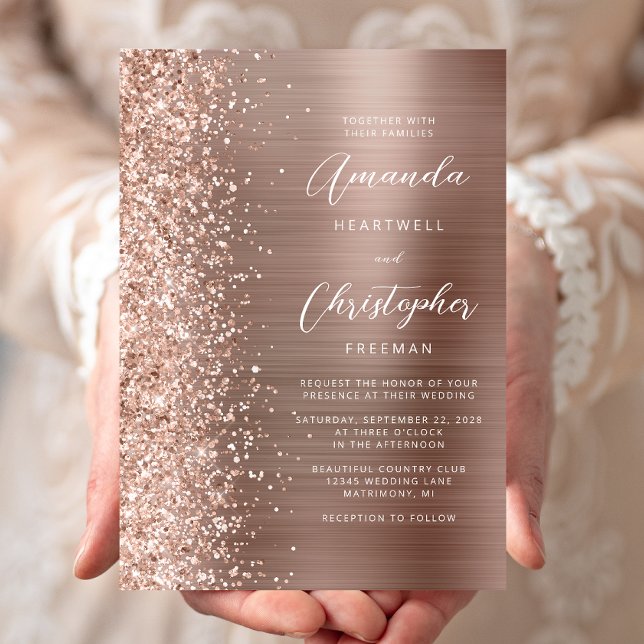 Rose Gold Glam Brushed Metal Glitter Wedding Invitation (Creator Uploaded)