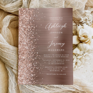Rose Gold Glam Brushed Metal Glitter Wedding Invitation