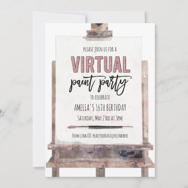 Rose Gold Glam Easel Virtual Paint Party Birthday Invitation (Front)