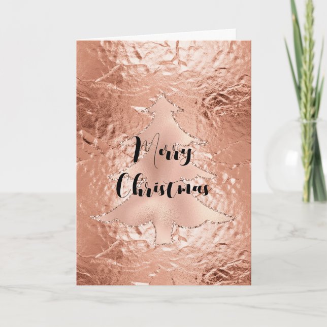Rose Gold Glam Glitter Christmas Tree Card (Front)