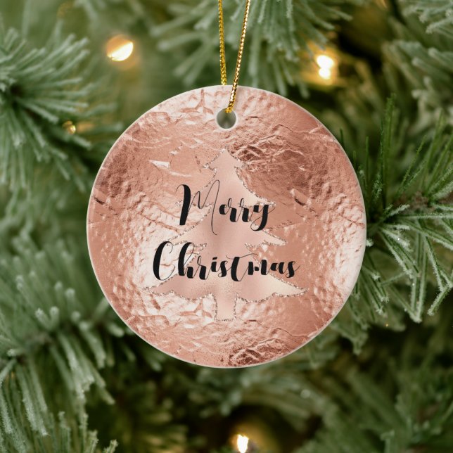 Rose Gold Glam Glitter Christmas Tree Ceramic Ornament (Tree)