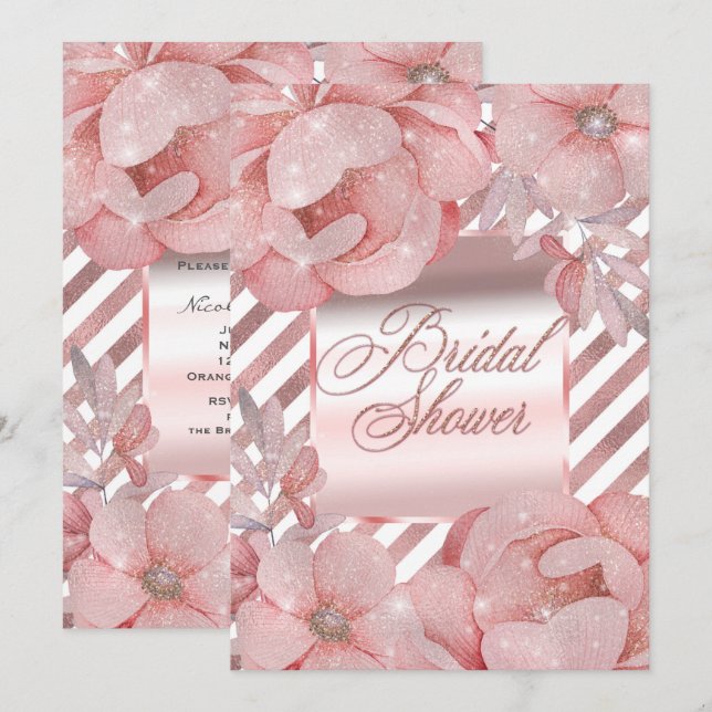 Rose Gold Glam Glitter Floral Bridal Shower Invitation (Front/Back)
