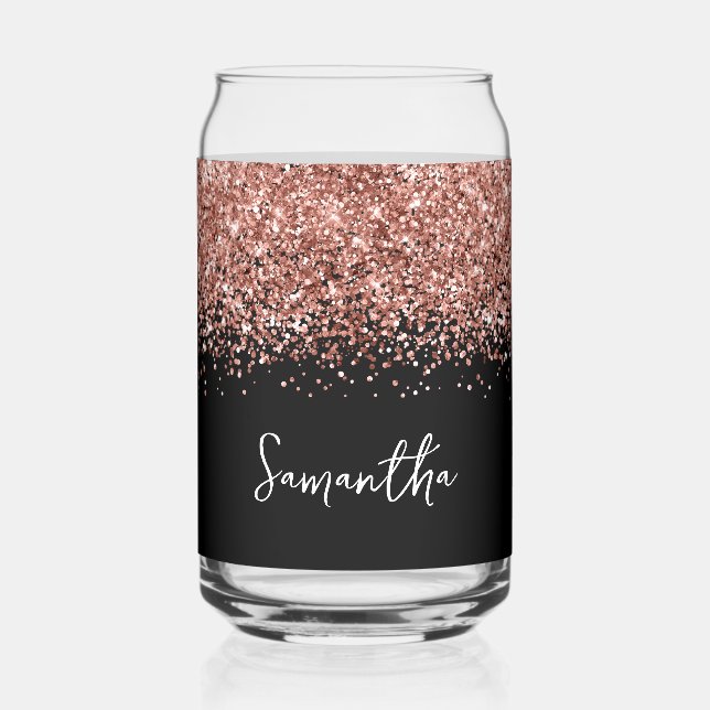 Rose Gold Glam Glitter on Black Can Glass (Front)