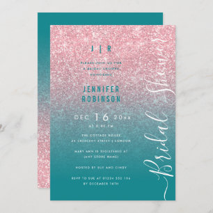 Rose Gold Glam Glitter Script Bridal Shower Teal  Invitation