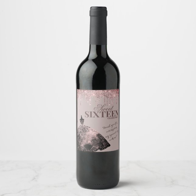 Rose Gold Glam Glitter Spark Sweet 16 Birthday Wine Label (Front)