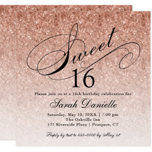 Rose Gold Glam Glitter Sweet 16 Square Invitation