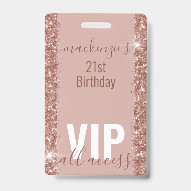 Rose Gold Glam Glitter VIP Bday Party Invitation ID Badge (Front)