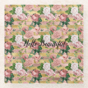 Rose Gold Glam Glitz Roses Floral Stripes Glass Coaster