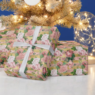 Rose Gold Glam Glitz Roses Floral Stripes      Wrapping Paper