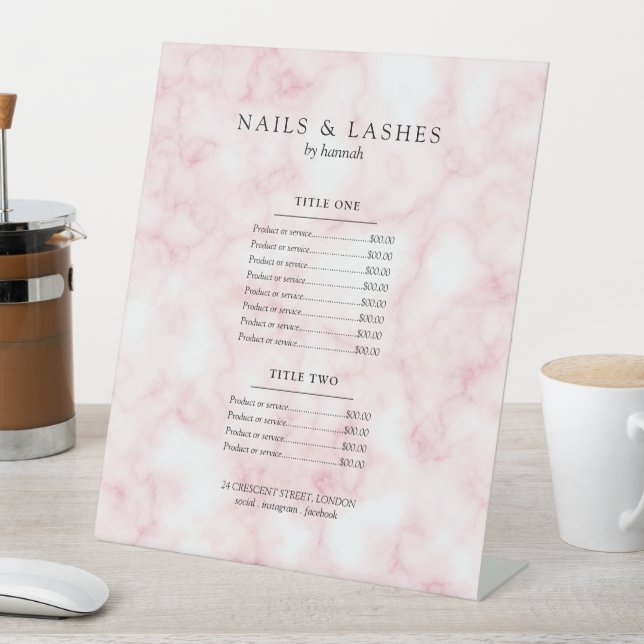 Rose Gold Glam Marble Price Menu Pedestal Sign (In SItu)