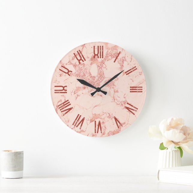 Rose Gold Glam Marble Retro Grunge Roman Numerals Large Clock (Home)